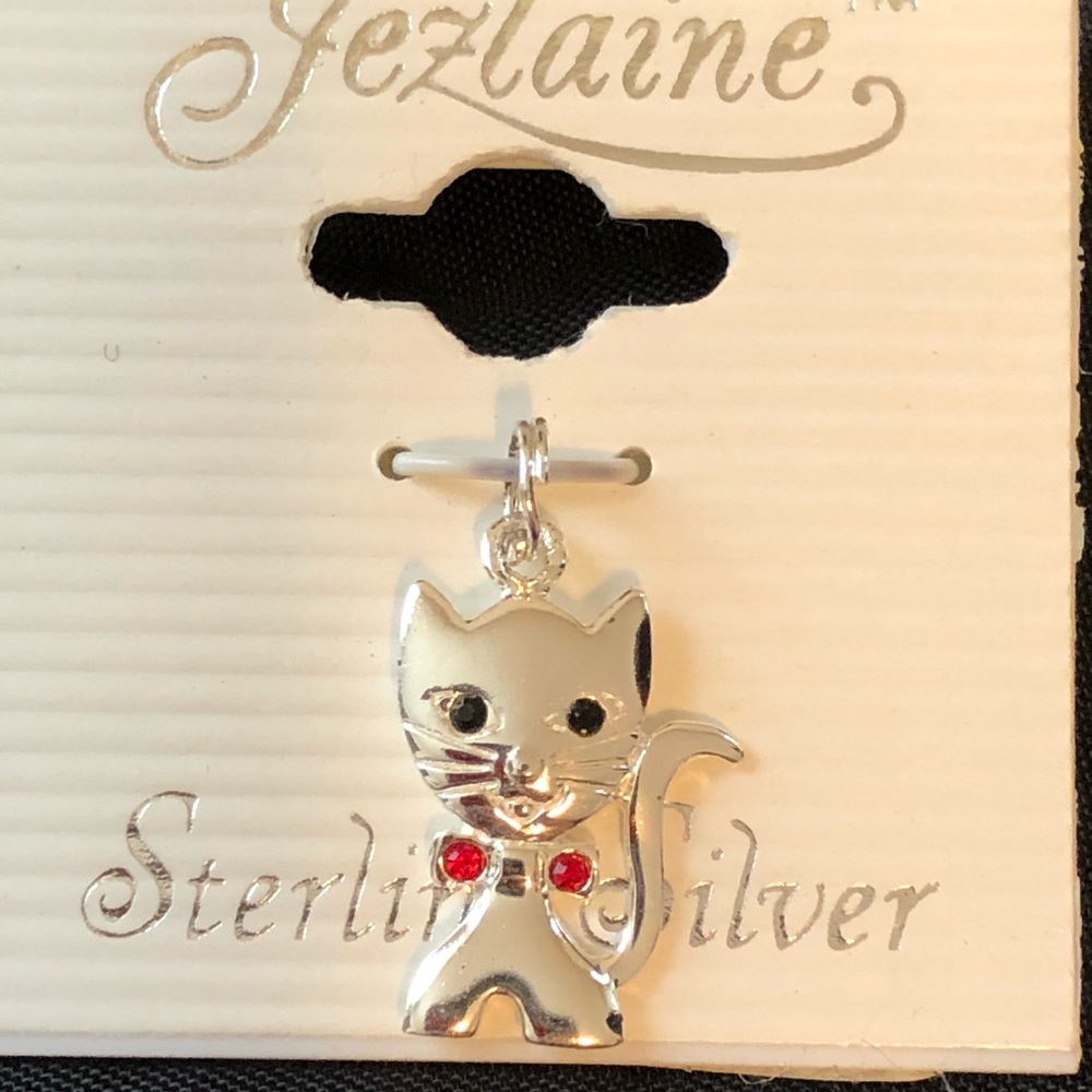 Sterling silver charm kitty cat bow red bow tie